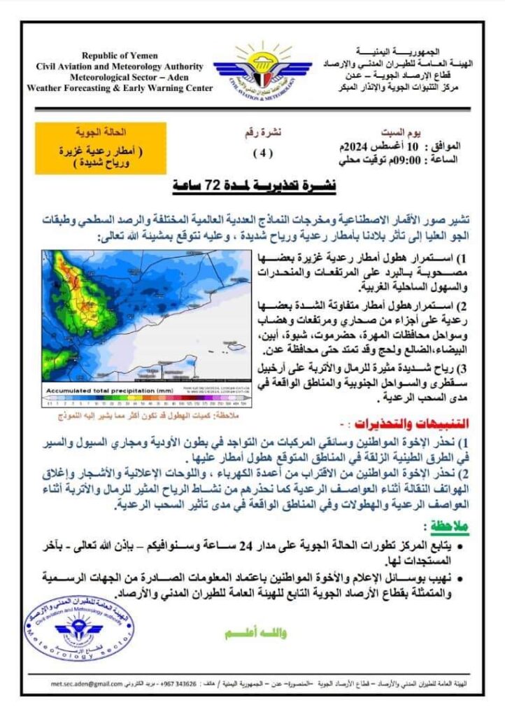 الأرصاد: أمطار رعدية غزيرة ورياح شديدة ستتأثر بها بلادنا خلال الـ 72 ساعة القادمة